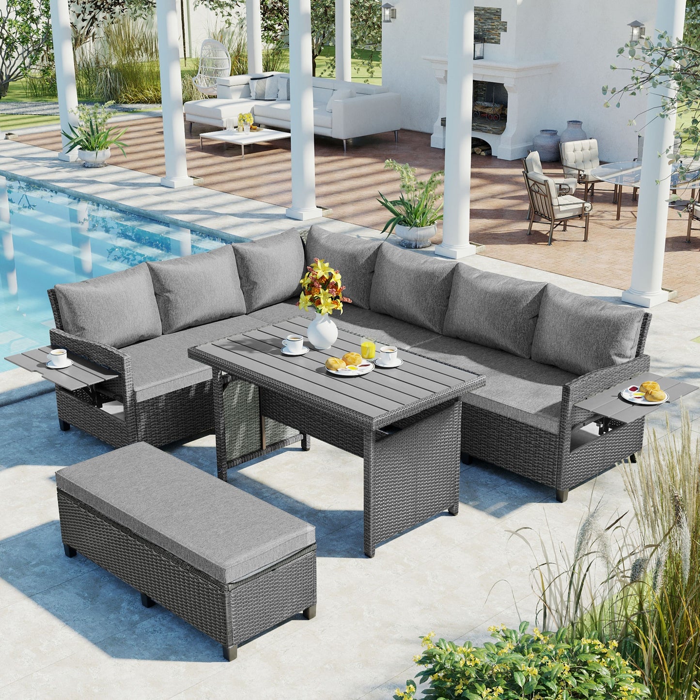 5-Piece Outdoor Patio Rattan Sofa Set, Sectional PE Wicker L-Shaped Garden Furniture Set with 2 Extendable Side Tables, Dining Table and Washable Covers for Backyard, Poolside, Indoor, Grey