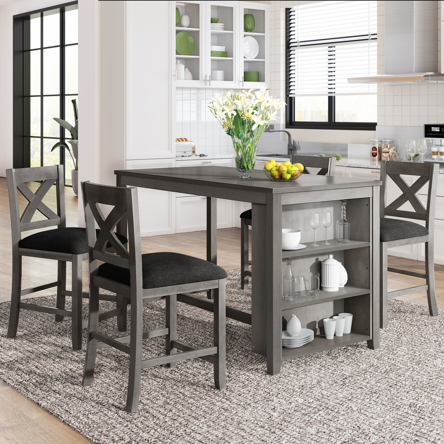 5 Pieces Counter Height Rustic Farmhouse Dining Room Wooden Bar Table Set with 4 Chairs