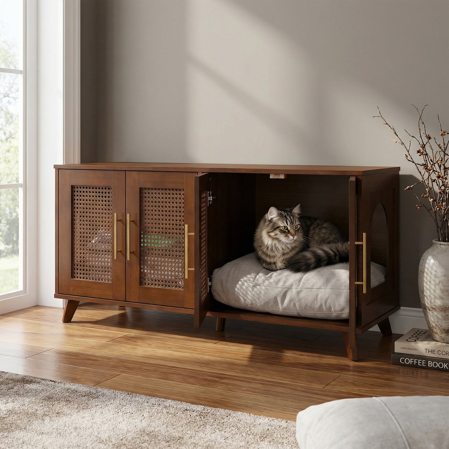 Premium Rubber Wood Cat Cabinet with Cushion – Hidden Indoor Pet Furniture for Modern Living Spaces