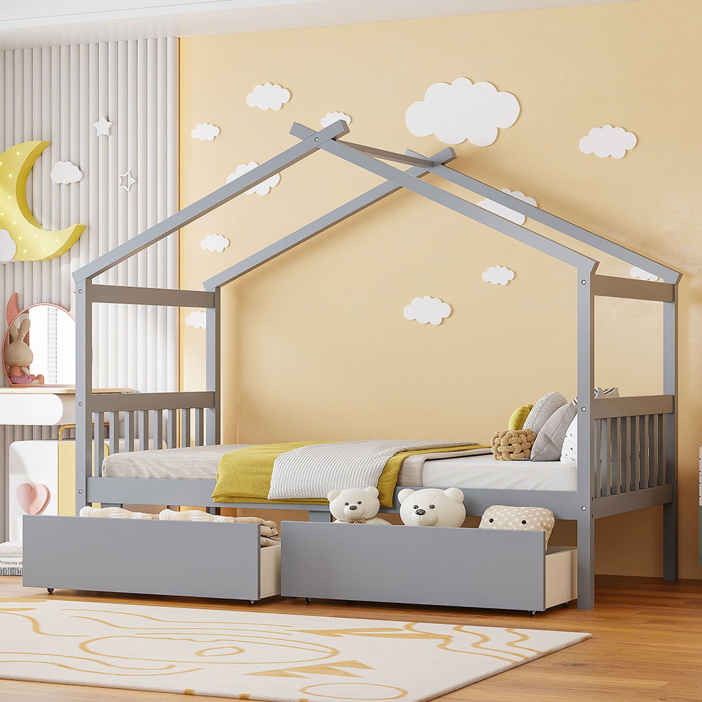 Twin Size Wooden House Bed with Drawers
