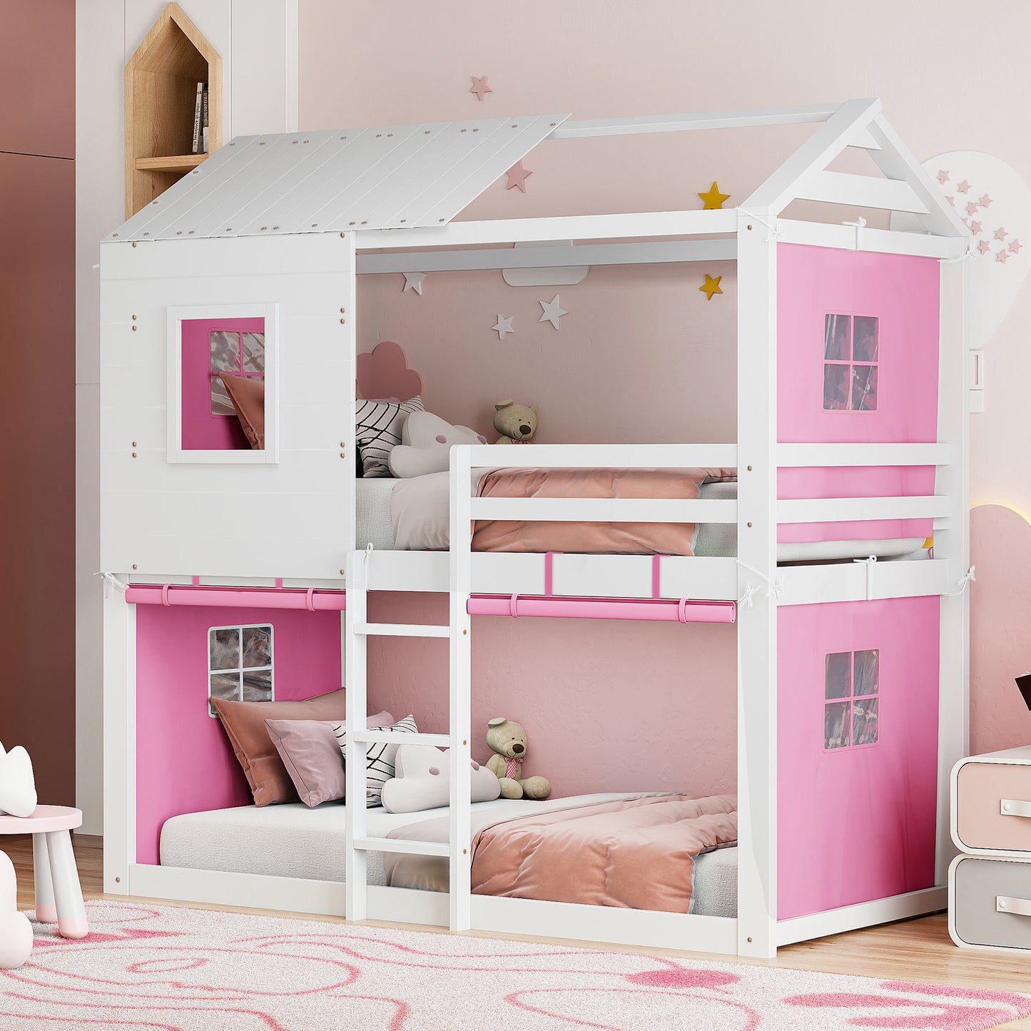 Twin Size Bunk Wood House Bed with Tent