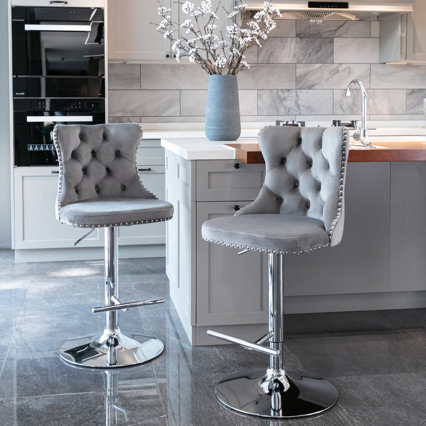 Swivel Velvet Barstools Adjustable Seat Height 25-33 Inch, Chrome Base Comfortable Tufted