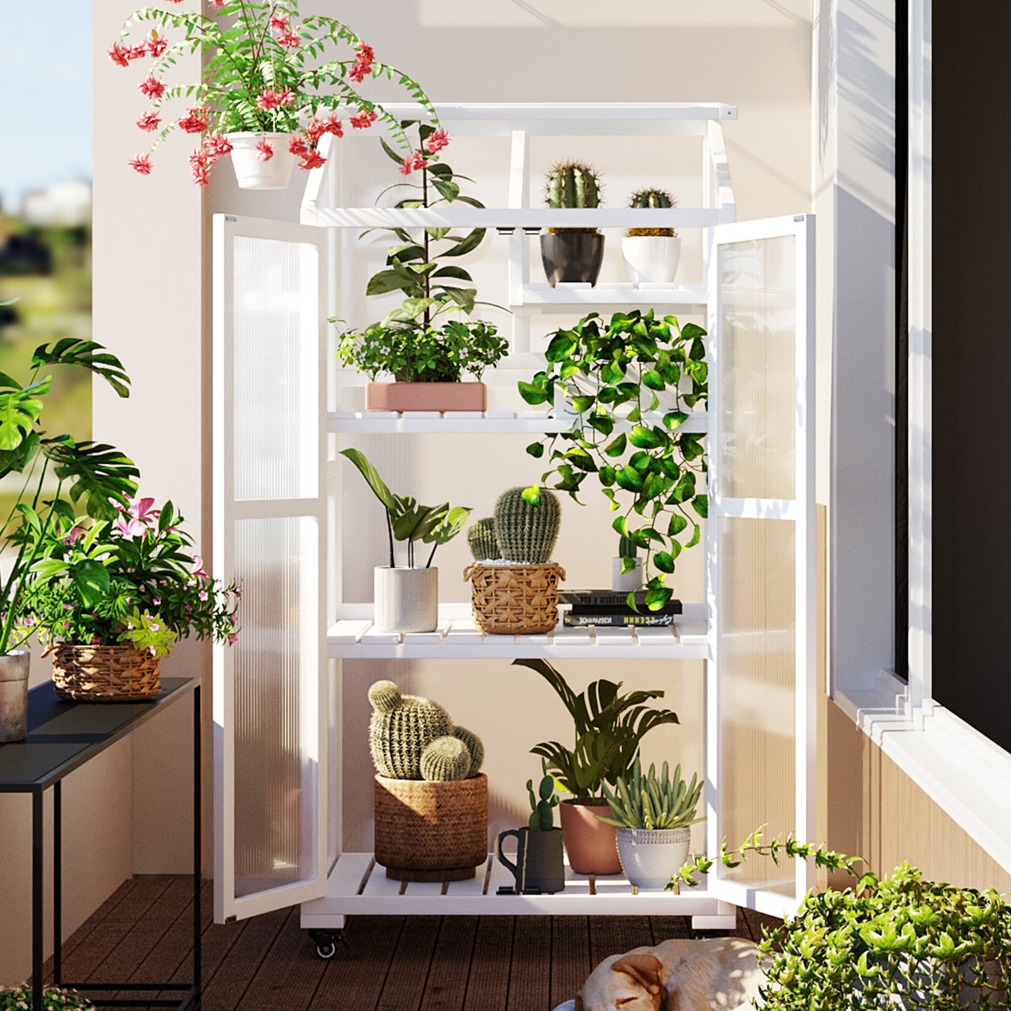 62inch Height Wood Large Greenhouse Balcony Portable Cold Frame with Wheels and Adjustable Shelves
