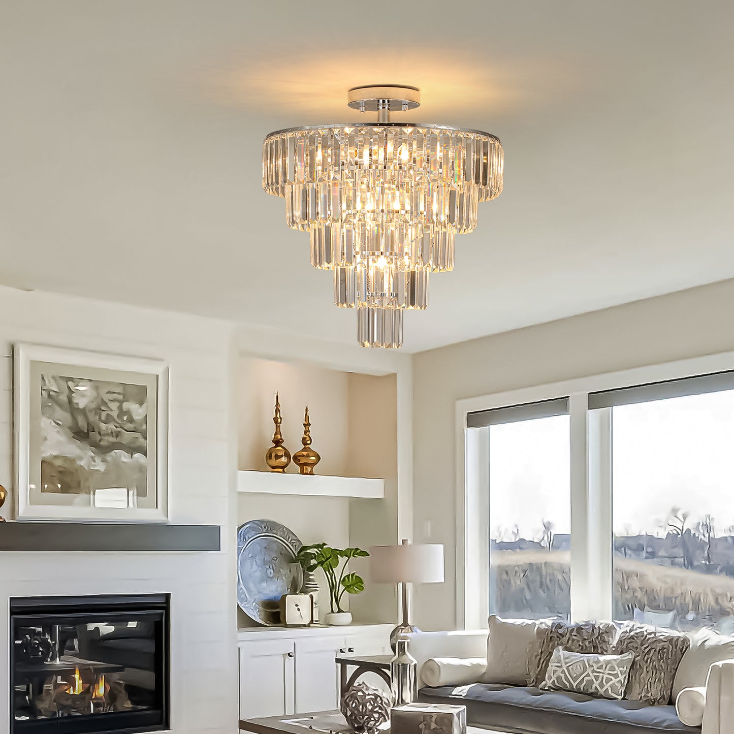 (Same as W1340110373/L5010) Large crystal chandelier in white chrome color, modern style chandelier, dining room, living room, bedroom (Without Bulb)