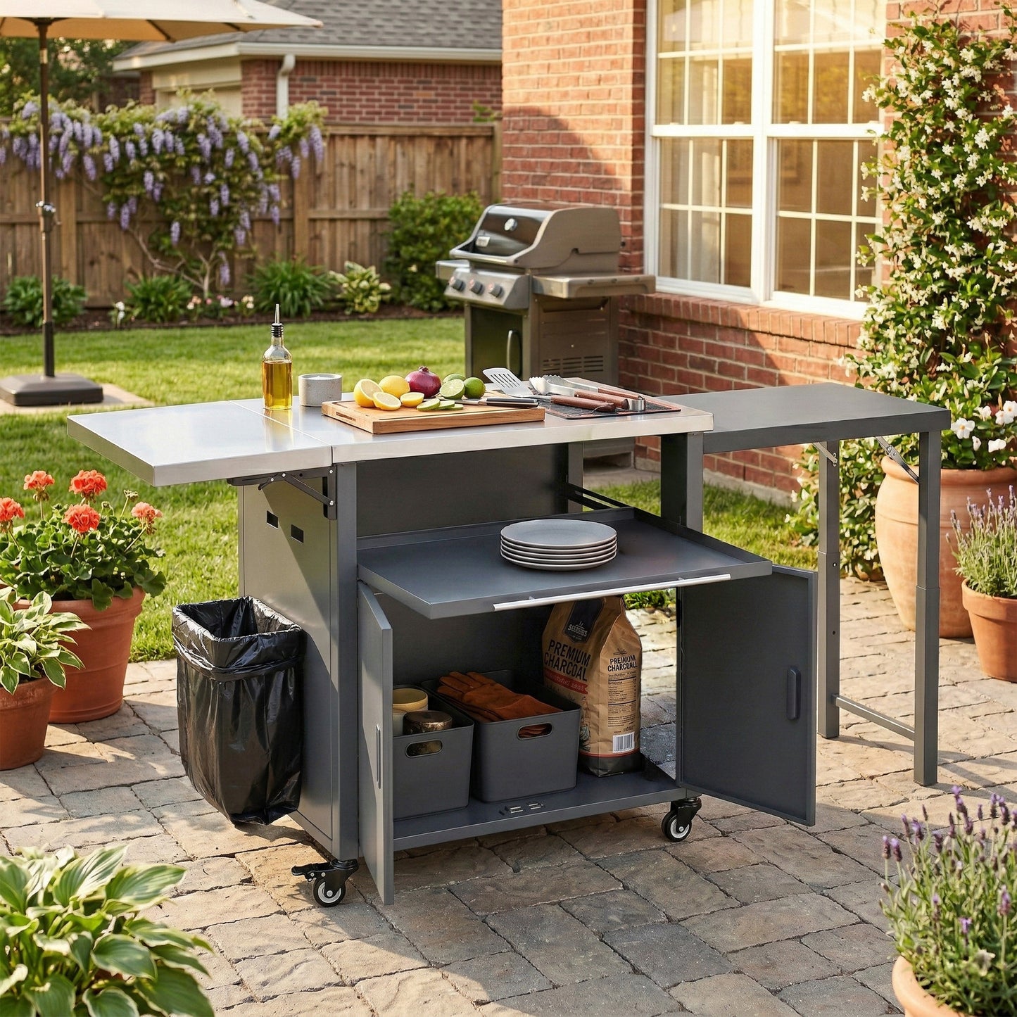 Foldable Outdoor Prep Station BBQ Cart Patio Dining Cart Foldable Outdoor Kitchen Island Grill Cart with Trash