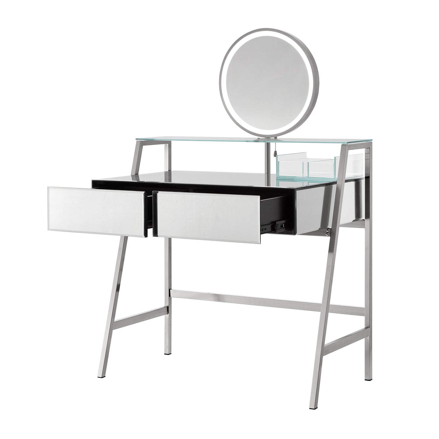 33.9" Mirrored Makeup Vanity Desk with Mirror and Lights, Mirrored Console Vanity Table with 2 Big Drawers & Open Shelf, Dressing Table with Charging Station for Bedroom, Silver