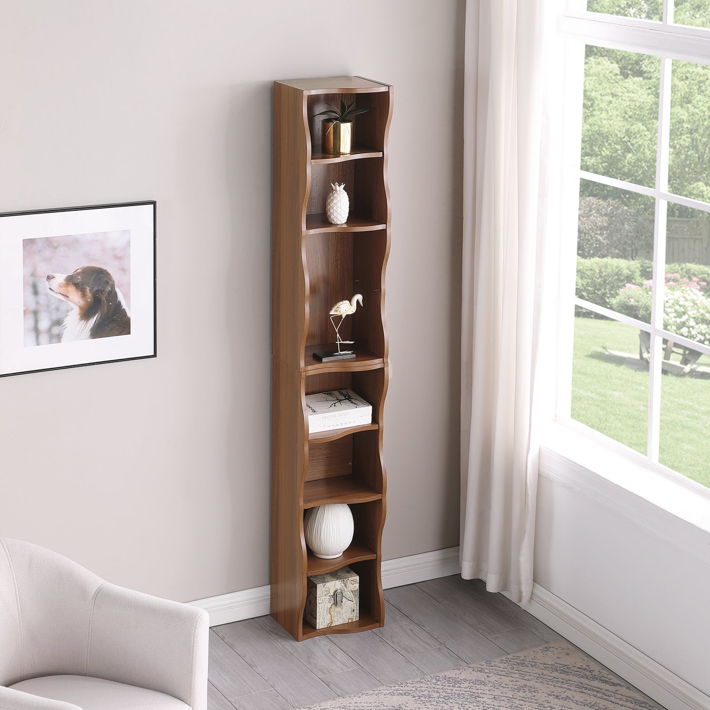 8-Layer Adjustable Ultra-Thin Bookshelf with Wavy Border Design