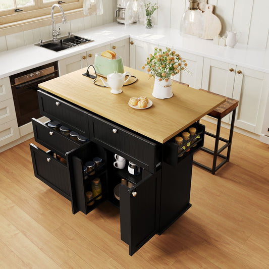 Kitchen Island Farmhouse Solid Wood Black with Drop Leaf and Storage for Kitchen or Dining Storage