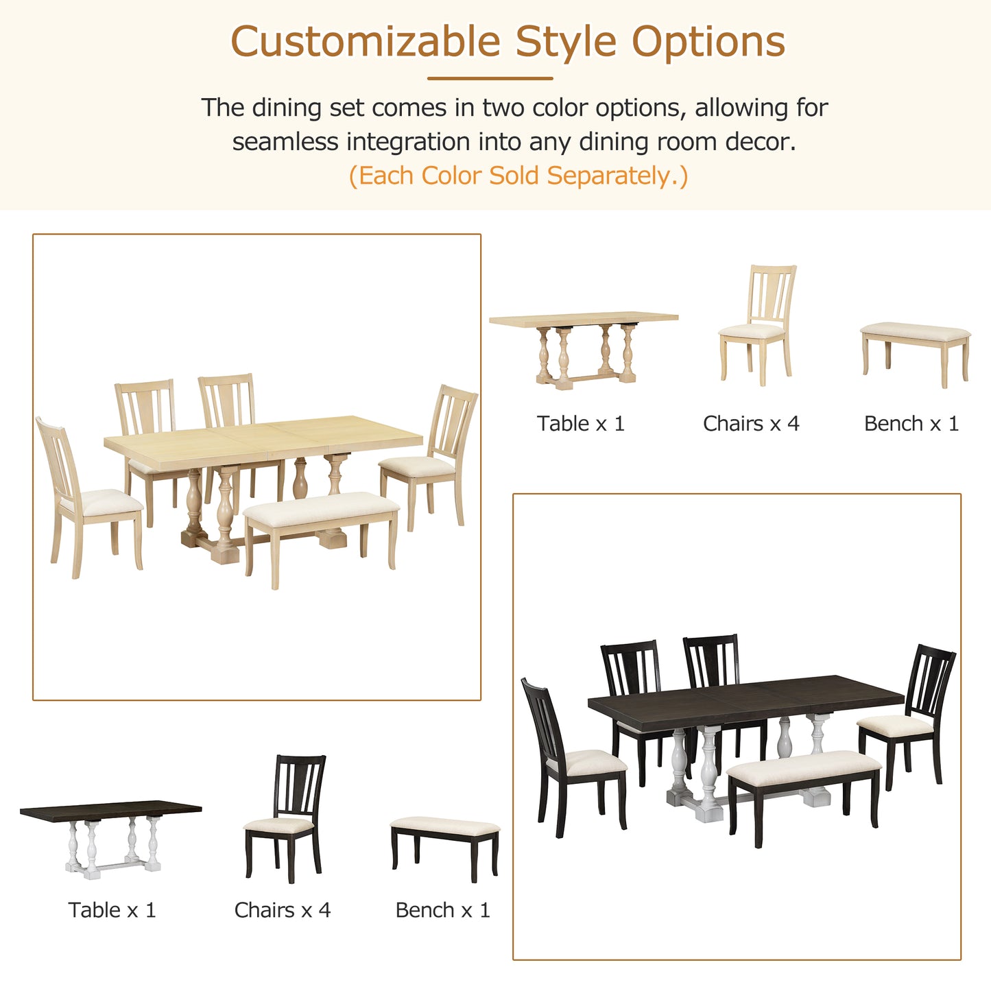 Traditional 6-Piece 78inch Trestle Extendable Dining Table Set with One 18inch Removable Leaf, Padded Dining Chairs and Bench,Natural