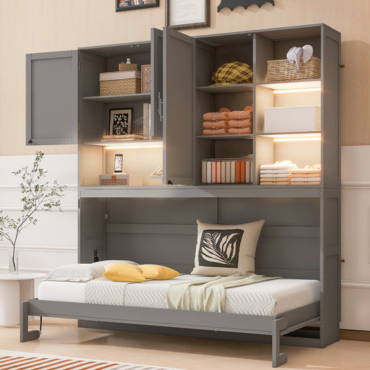 Murphy Wall Bed, MDF and LVL with Shelves, Top Cabinets, and USB and Outlet Feature for Bedroom or Home Office