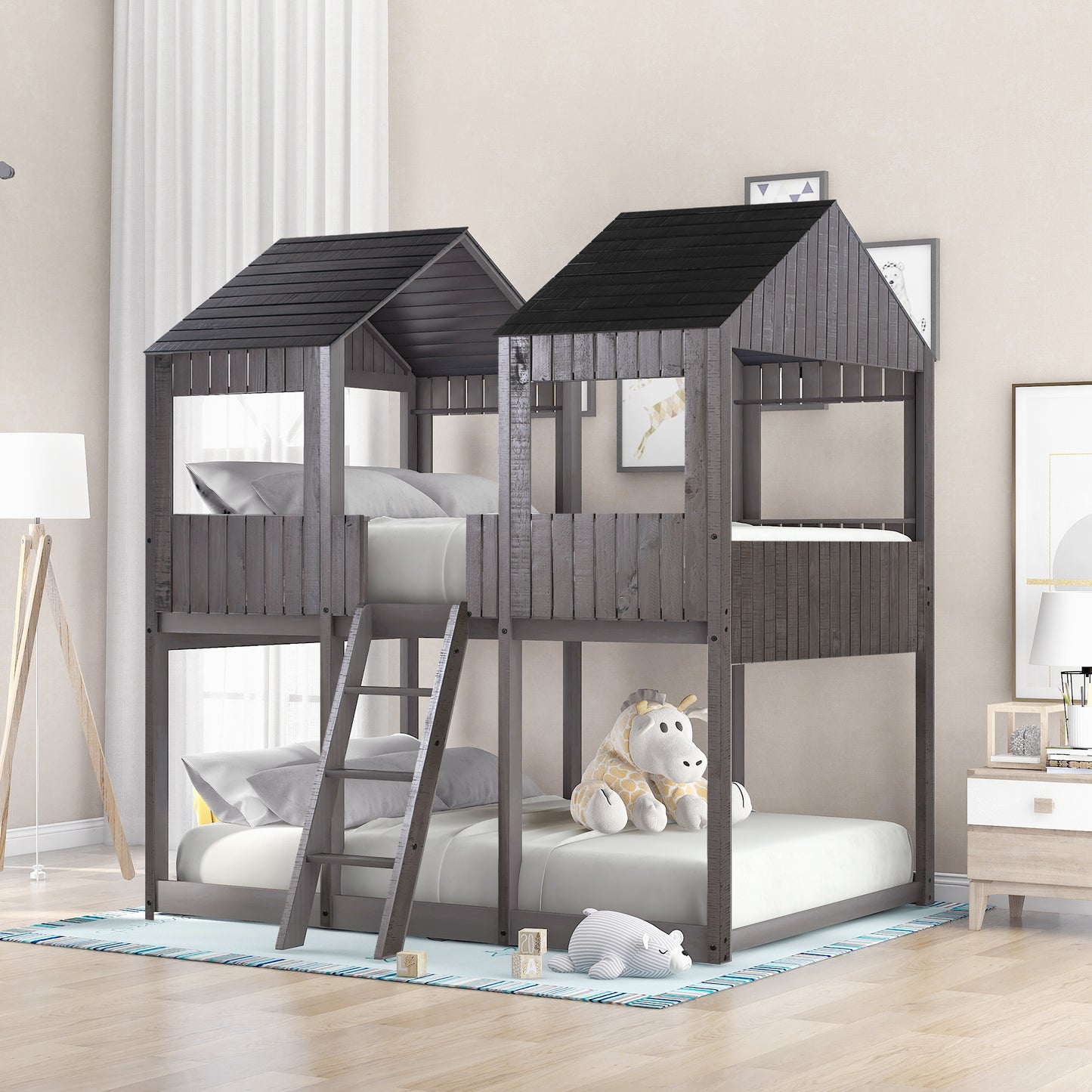 Full Over Full WoodBunk Bed with Roof, Window, Guardrail, Ladder