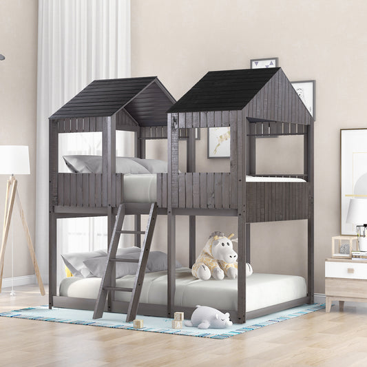Bunk Bed, Full Over Full, Solid Wood with Ladder, Guardrails, and Roof and Window Details for Shared Bedroom or Guest Room