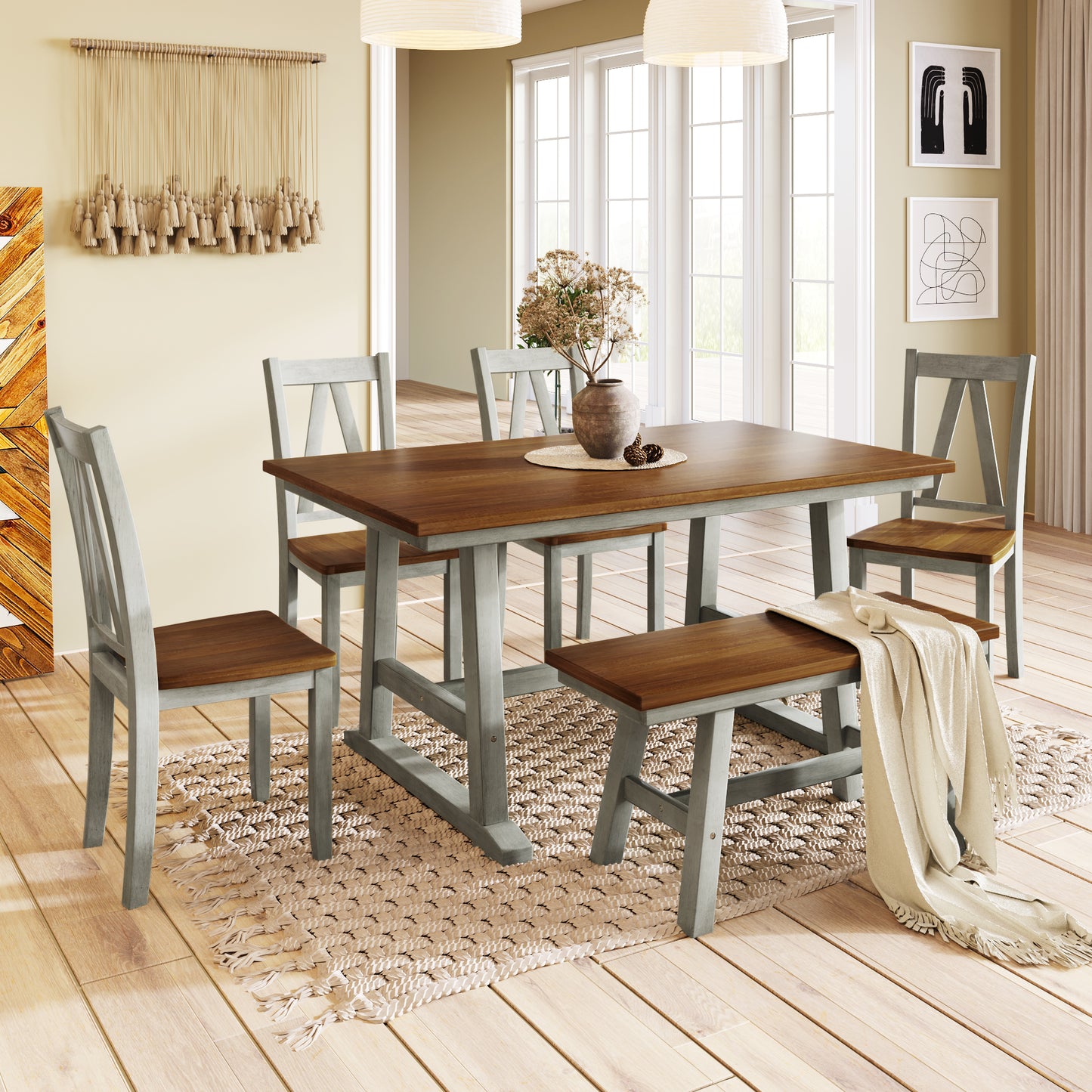 6-Piece Wood Dining Table Set with Long Bench and 4 Dining Chairs, Farmhouse Style