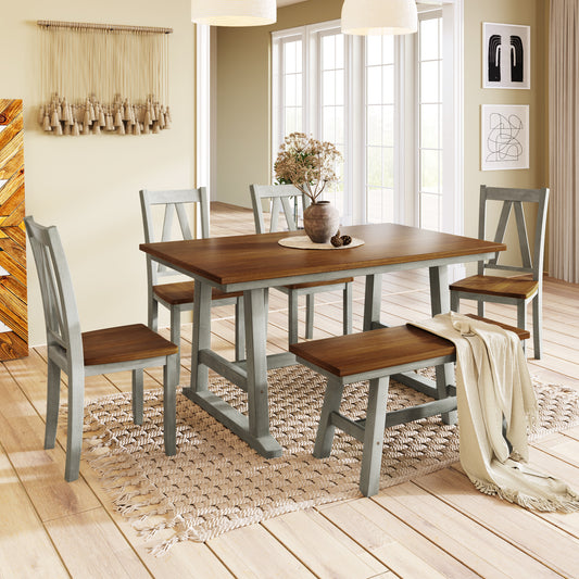 6-Piece Dining Table Set Farmhouse Rubber Wood Walnut and Gray for Dining Room or Kitchen