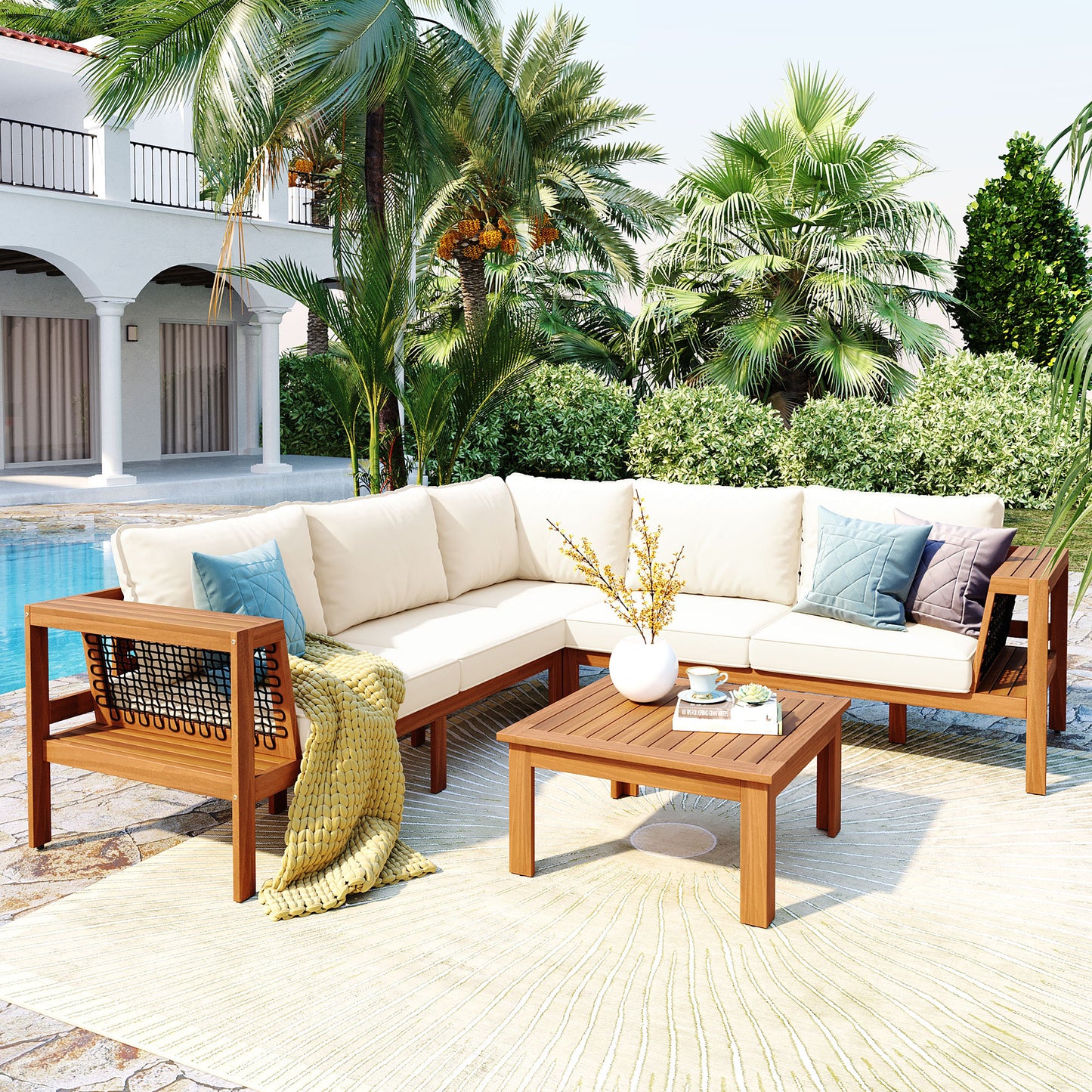 4 Pieces Outdoor Acacia Wood Sofa Set, Woven Mesh Armrests, L-Shaped Patio Furniture