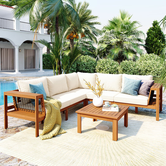 4-Piece Outdoor Sofa Set Acacia Wood, Polyester Teak Color Look, Natural with Cushioned Seating for Patio and Garden Lounge Areas