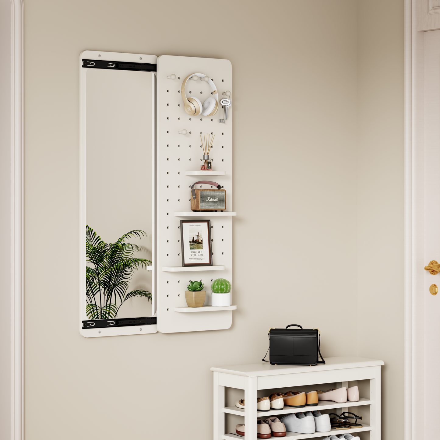 Wall Mounted Full Length Mirror with Shelf & Hooks – Multifunction Entryway Mirror Panel with Storage