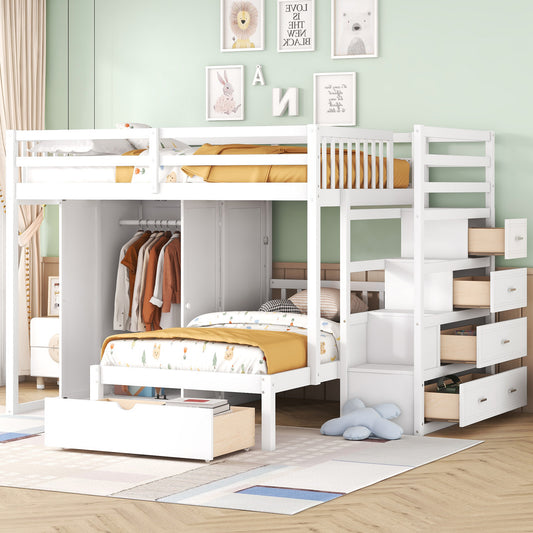 Bunk Bed, Full Over Twin, Solid Wood with Drawers and Wardrobe Storage for Shared Bedroom or Guest Room