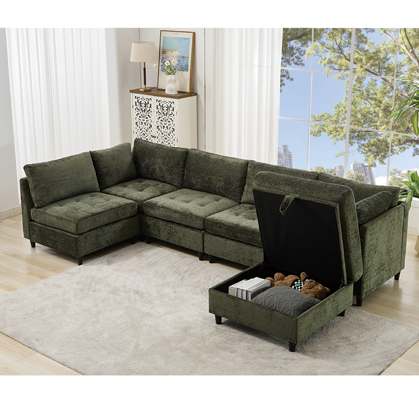 Modular Sectional Couch with Storage Ottoman, U Shaped Sofa, Storage Ottoman,Minimalist ,Convertible Modular Sofa,Chenille ,Upholstered,6 Seat,Living Room,   Green