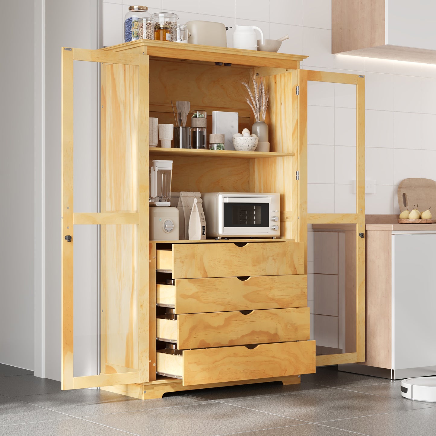 75' Kitchen Pantry, Freestanding Kitchen Storage Cabinet Display Cabinet with Glass Doors and 4 Built-in Drawers for Liv