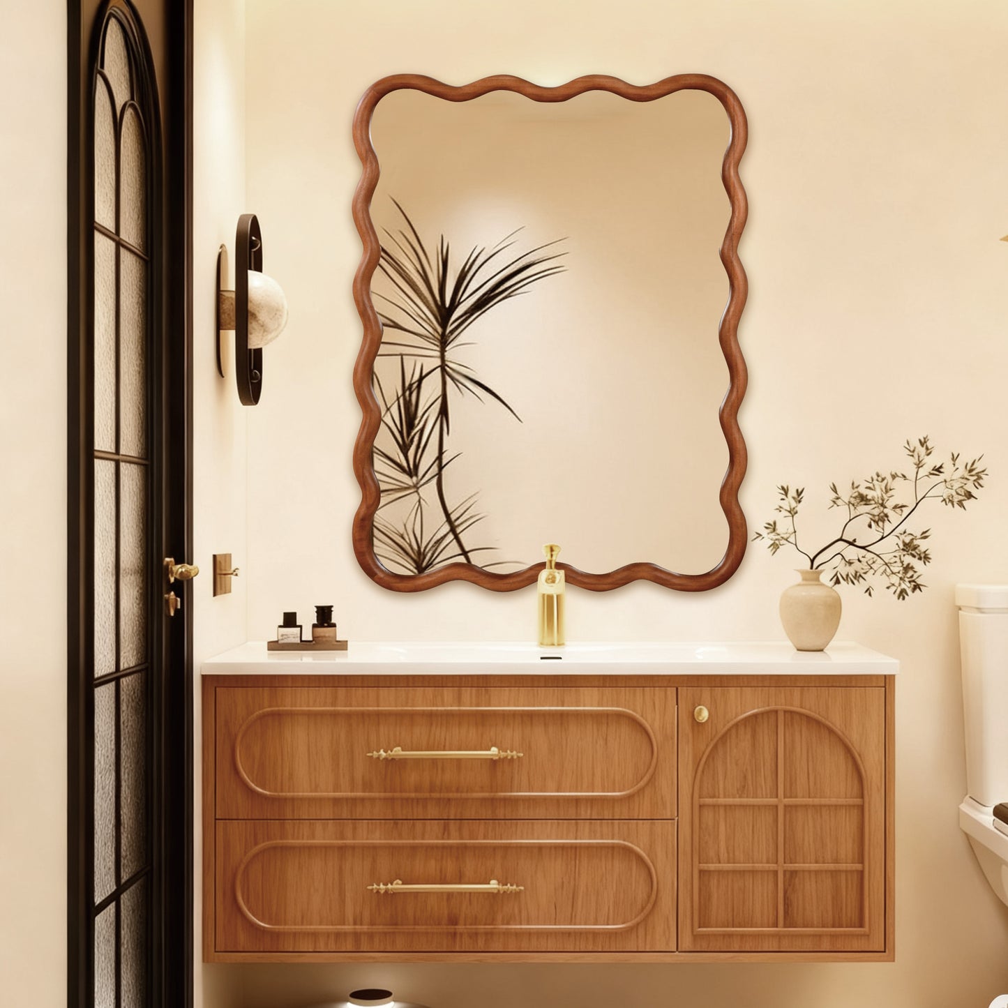 Wavy Solid Wood Wall Mirror – 30" x 40" Decorative Curved Frame Mirror for Bathroom, Bedroom & Entryway