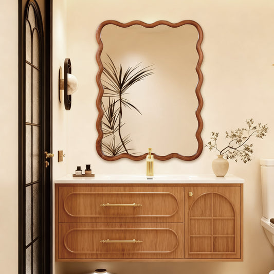 Wavy Solid Wood Wall Mirror with Curved Frame for Bathroom, Bedroom, or Entryway