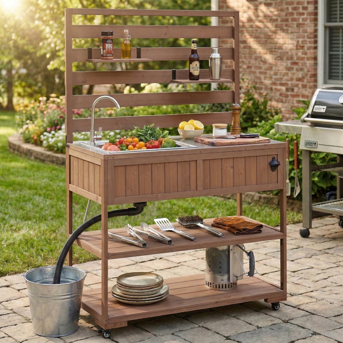 41.7'' Large Patio Rolling Kitchen Island Solid Wood Kitchen Cart with Sink, Garden Potting