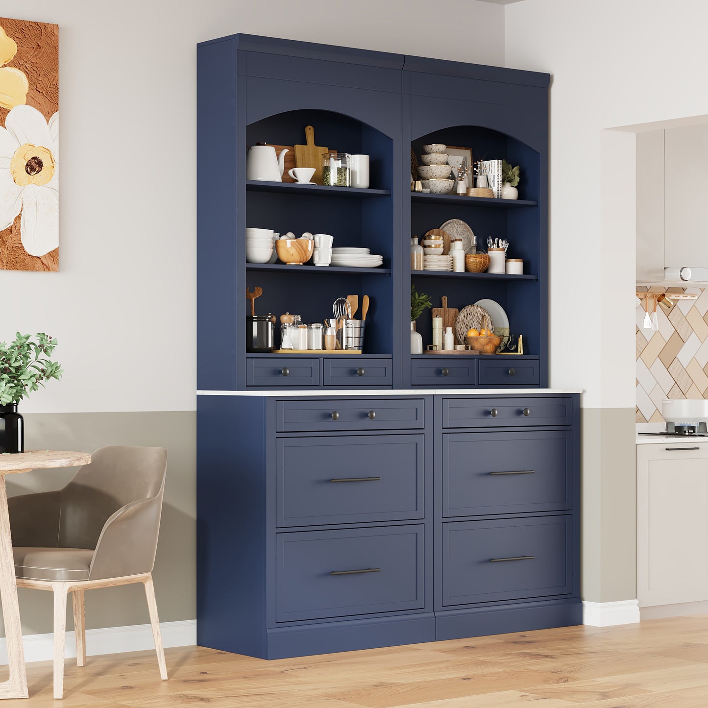 Modern 83.7inch High Kitchen Pantry, Freestanding Tall Kitchen Hutch with Faux Marble Top, Cupboard Cabinet with 5 Storage Drawers and Adjustable Shelf, Set of 2