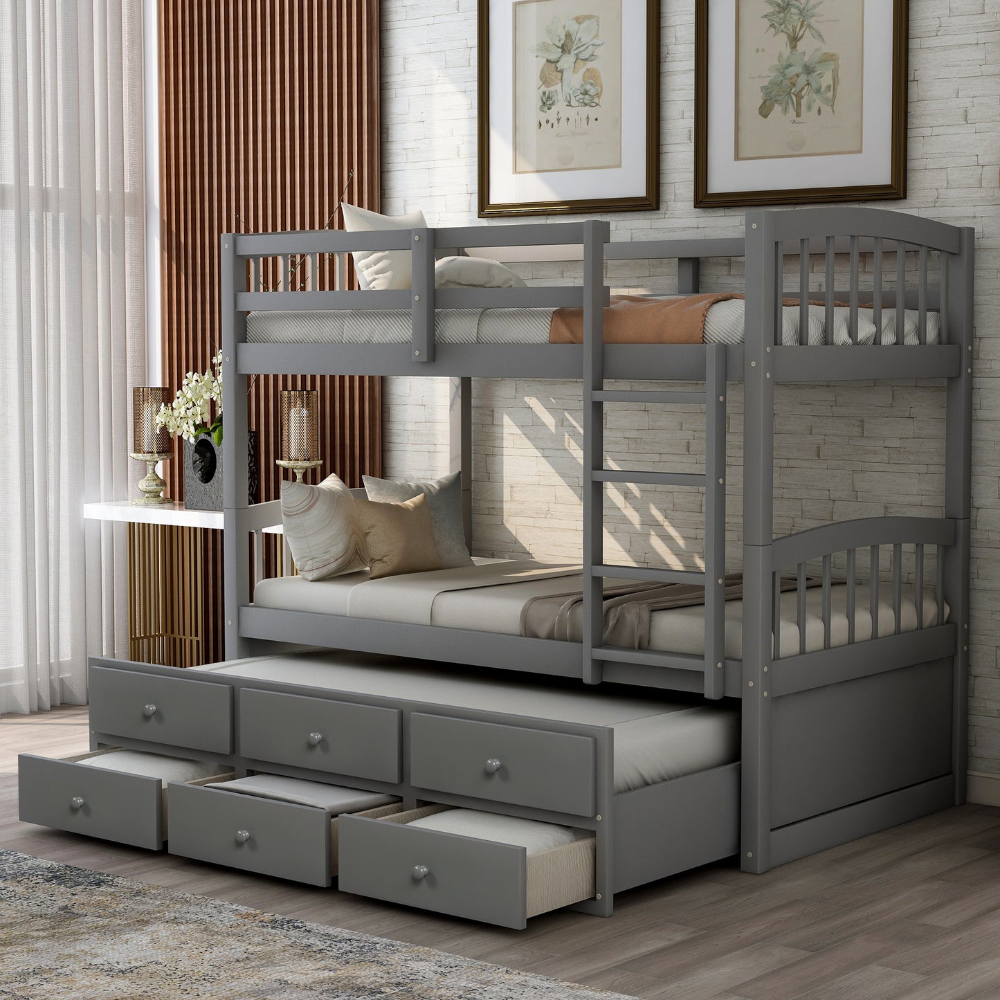 Twin Bunk Bed with Ladder, Safety Rail, Twin Trundle Bed with 3 Drawers