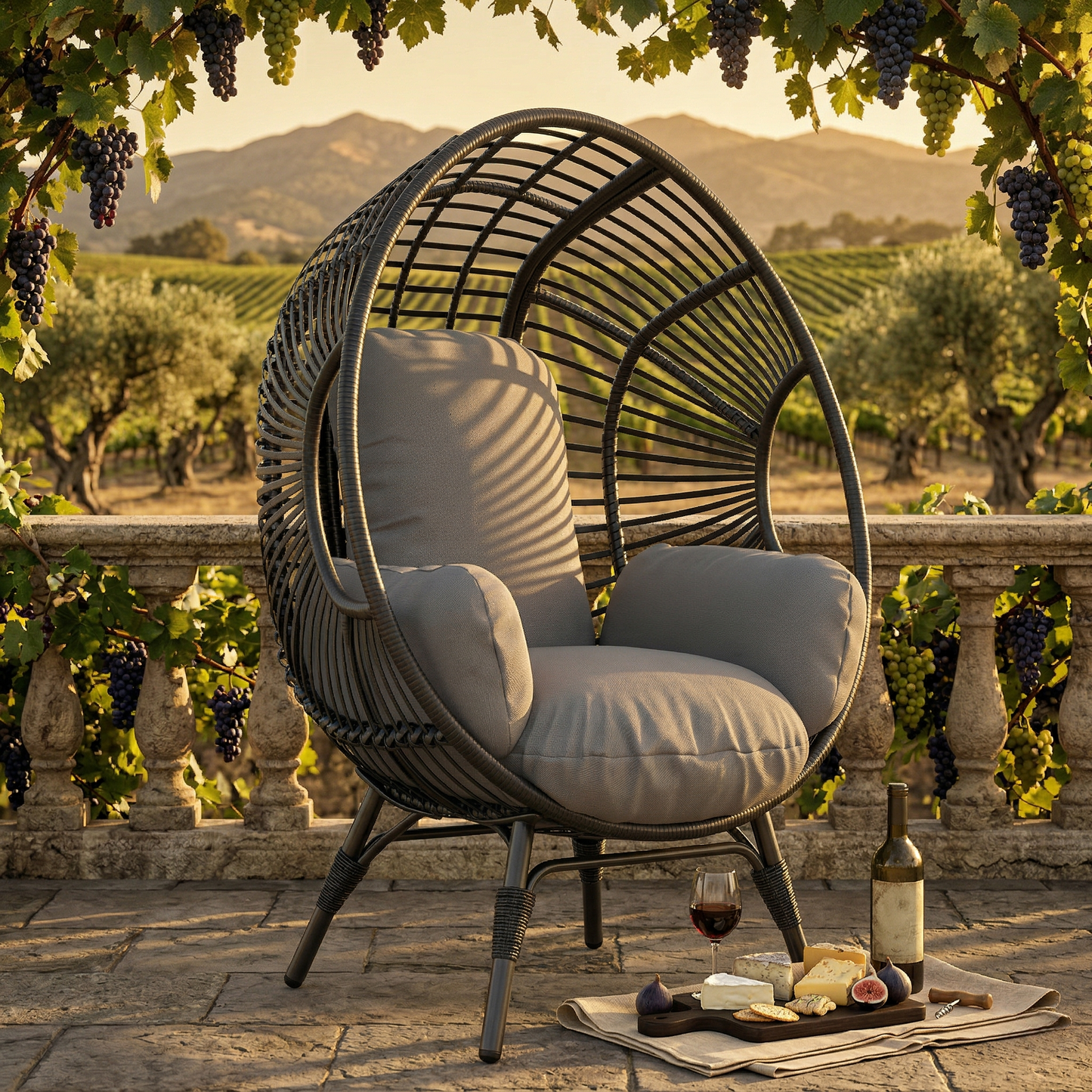 Elegant Arc Back Hanging Egg Chair, 400lb Capacity Patio Swing with 8-Inch Cushion, PE Rattan Outdoor Indoor Chair for G