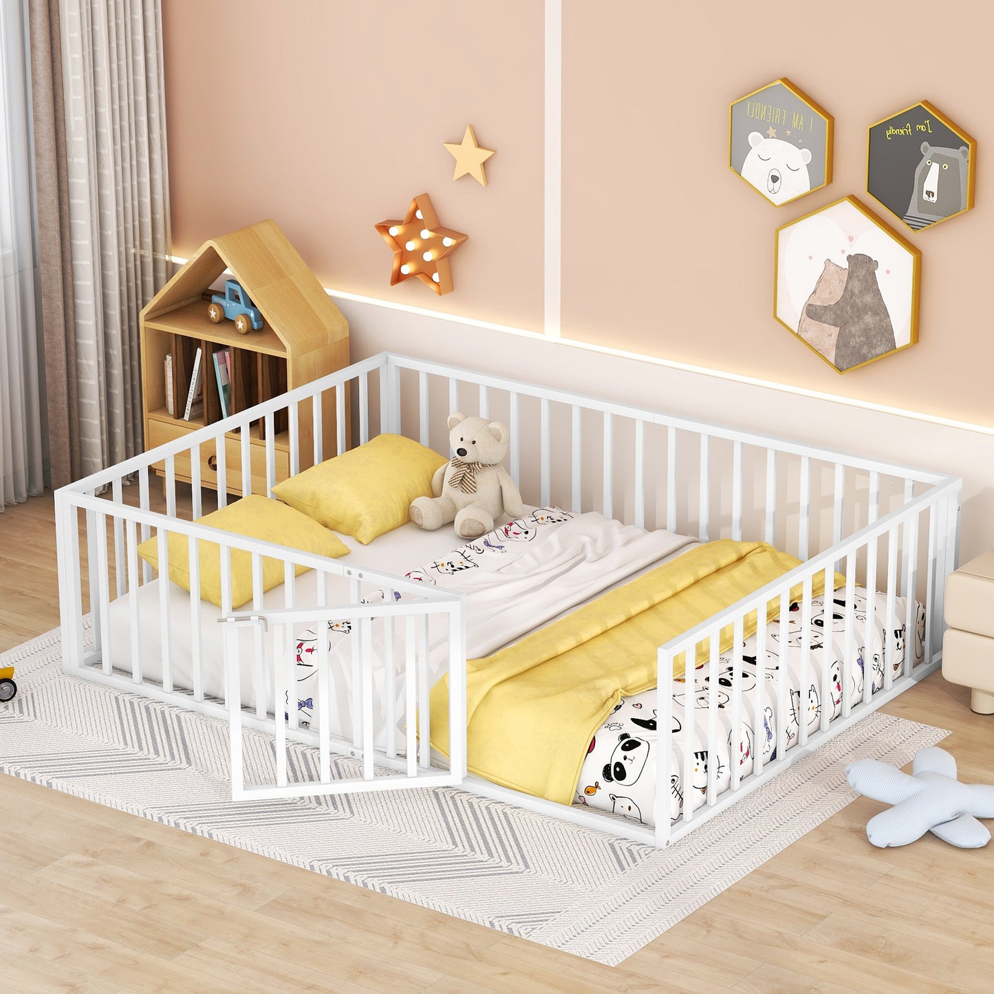 Metal Floor Bed Frame with Fence and Door