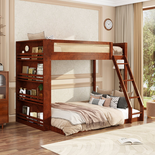 Bunk Bed Full Espresso, Gray, and White Solid Wood with Shelves and LED Lighting for Bedroom and Guest Room