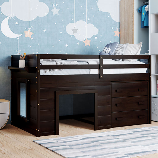 Loft Bed, Twin Size, Solid Wood with Shelves, Cabinets, and Guardrails for Bedroom or Study Space