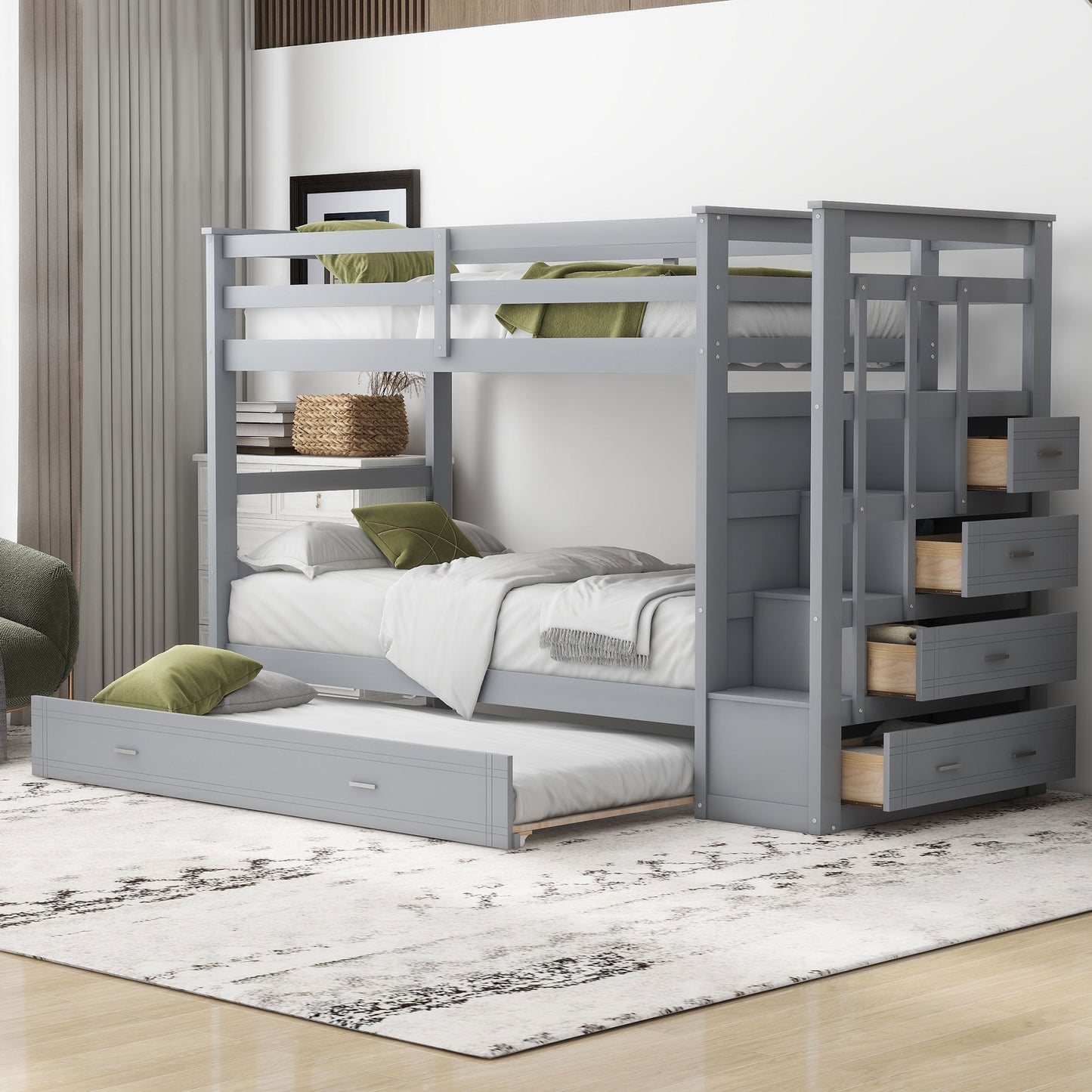 Twin Over Twin Bunk Bed with Trundle and Staircase