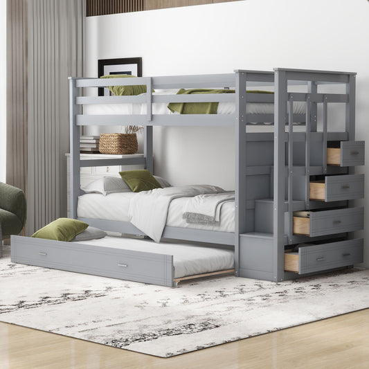 Bunk Bed, Twin Over Twin, Solid Wood with Trundle and Stairway for Shared Bedroom or Guest Room