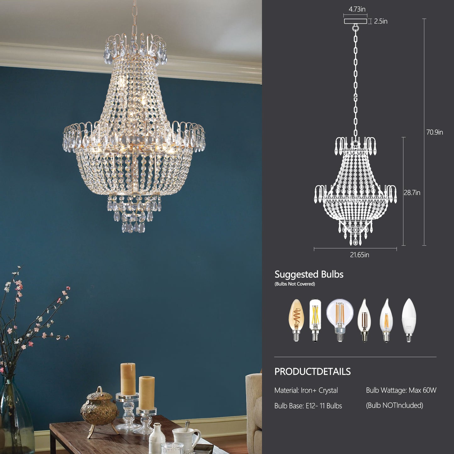 (Same as W1340P143189)Gold Crystal Chandeliers,Large Contemporary Luxury Ceiling Lighting for Living Room Dining Room Bedroom Hallway (Without Bulb)