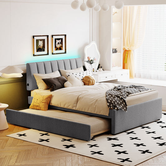 Platform Bed Multiple Color Options Fleece Classic with Trundle and LED Feature for Bedroom or Guest Room