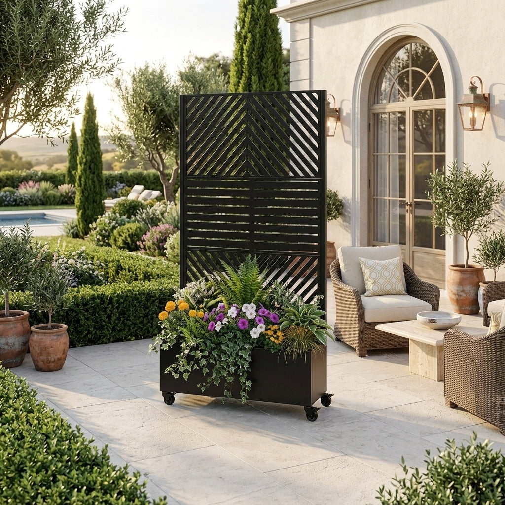 Metal Raised Garden Bed with Trellis, Drainage Holes, Lockable Wheels & Privacy Screen