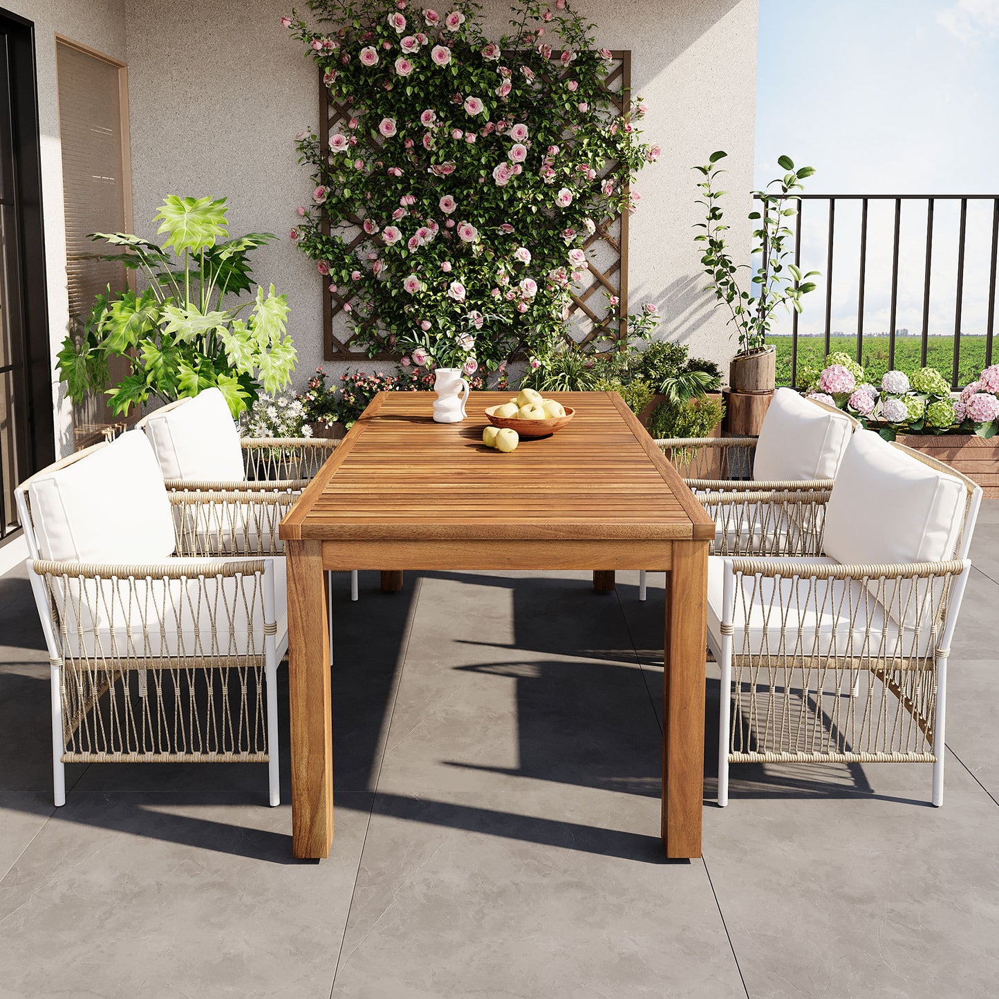 Patio 5pcs Wooden Dining Table Set, Outdoor 67''L Rectangular Table with 4 Rattan Arm Chairs for Poolside, Backyard, Garden, Natural