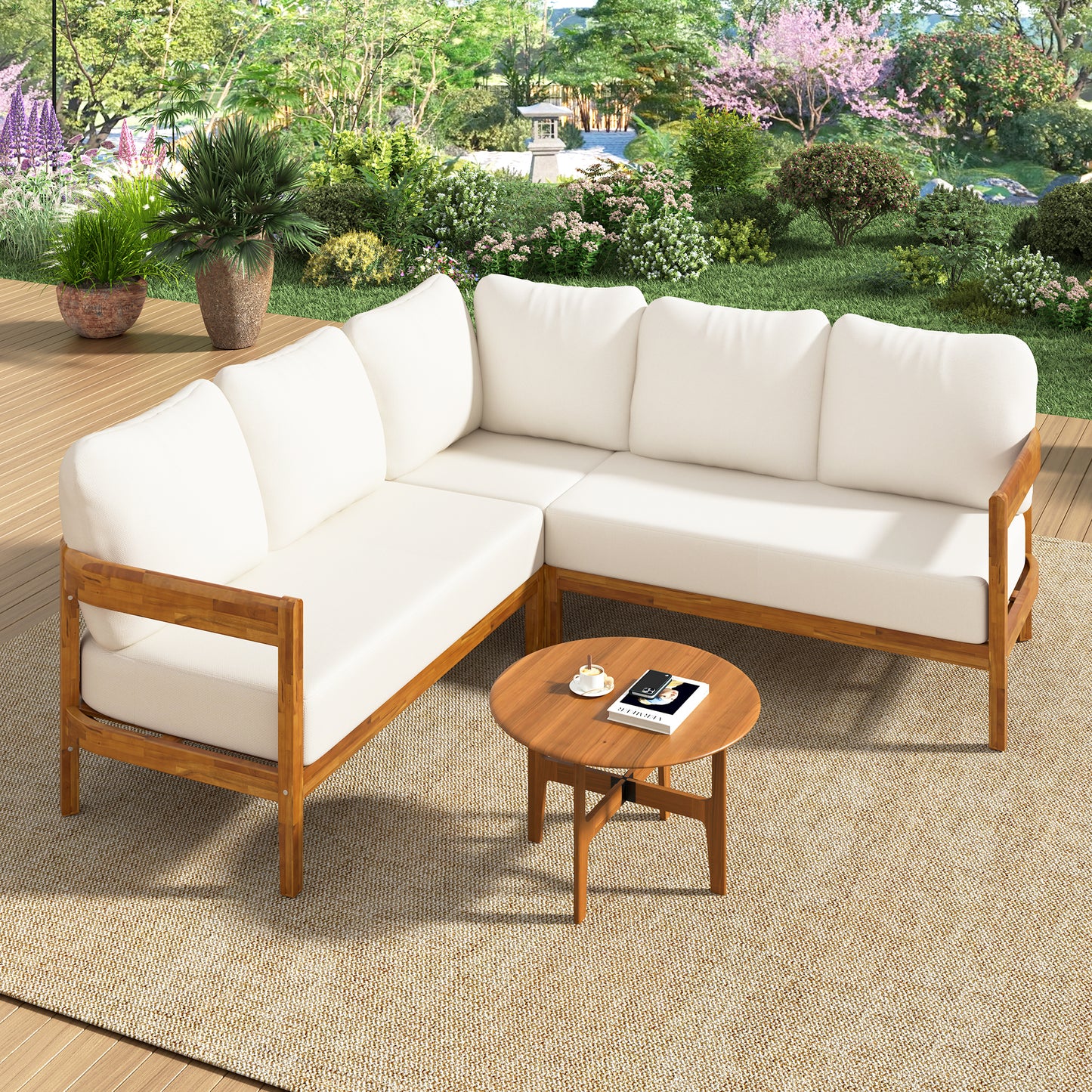 Acacia Solid Wood Outdoor Patio Furniture Set with Arc Frame and 6 Cushions