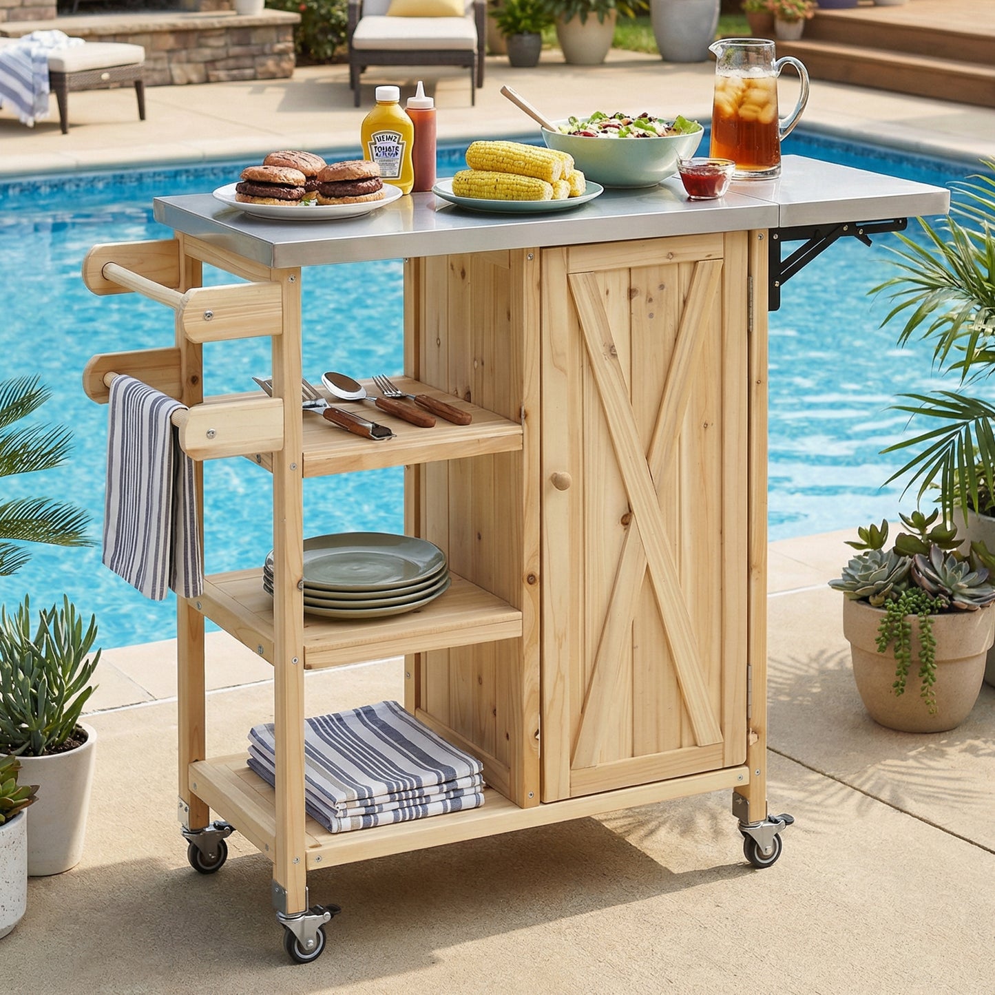 Foldable Outdoor Kitchen Island Patio Kitchen Island Outdoor Kitchen Cart Portable Prep Station with Lockable Wheels,