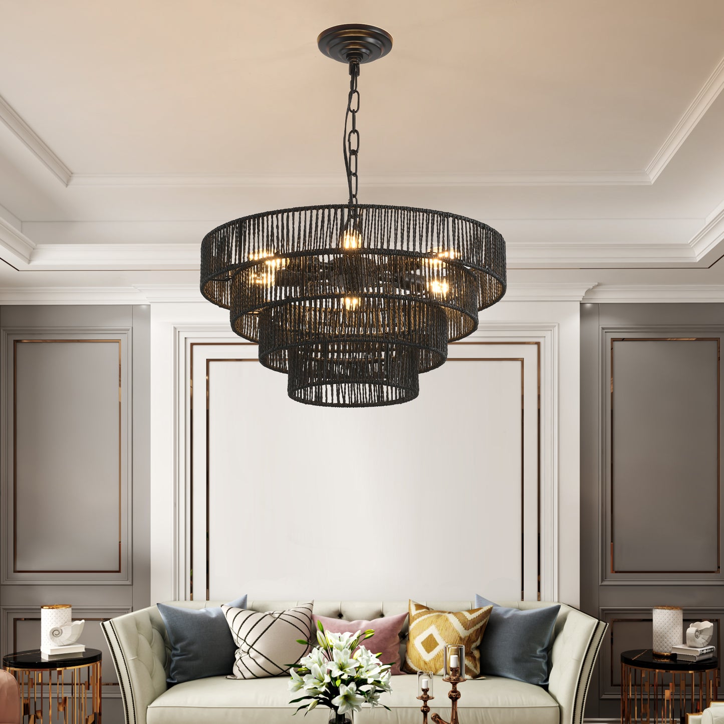 Rustic Hemp Rope Pendant Light Chandelier with E12 Sockets, Boho Farmhouse