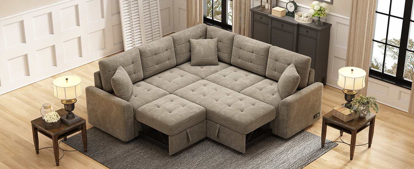 82.6" L-shape Sofa Bed Pull-out Sleeper Sofa with Wheels, USB Ports, Power Sockets for Living Room , Khaki