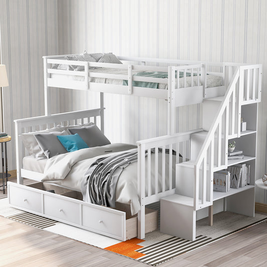 Bunk Bed Full White, Gray, and Espresso Solid Wood with Drawers and Storage for Bedroom and Guest Room