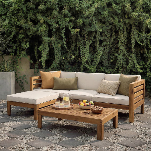 5-Piece Acacia Wood Outdoor L-Shaped Sofa Set with Ottoman and Coffee Table, Beige