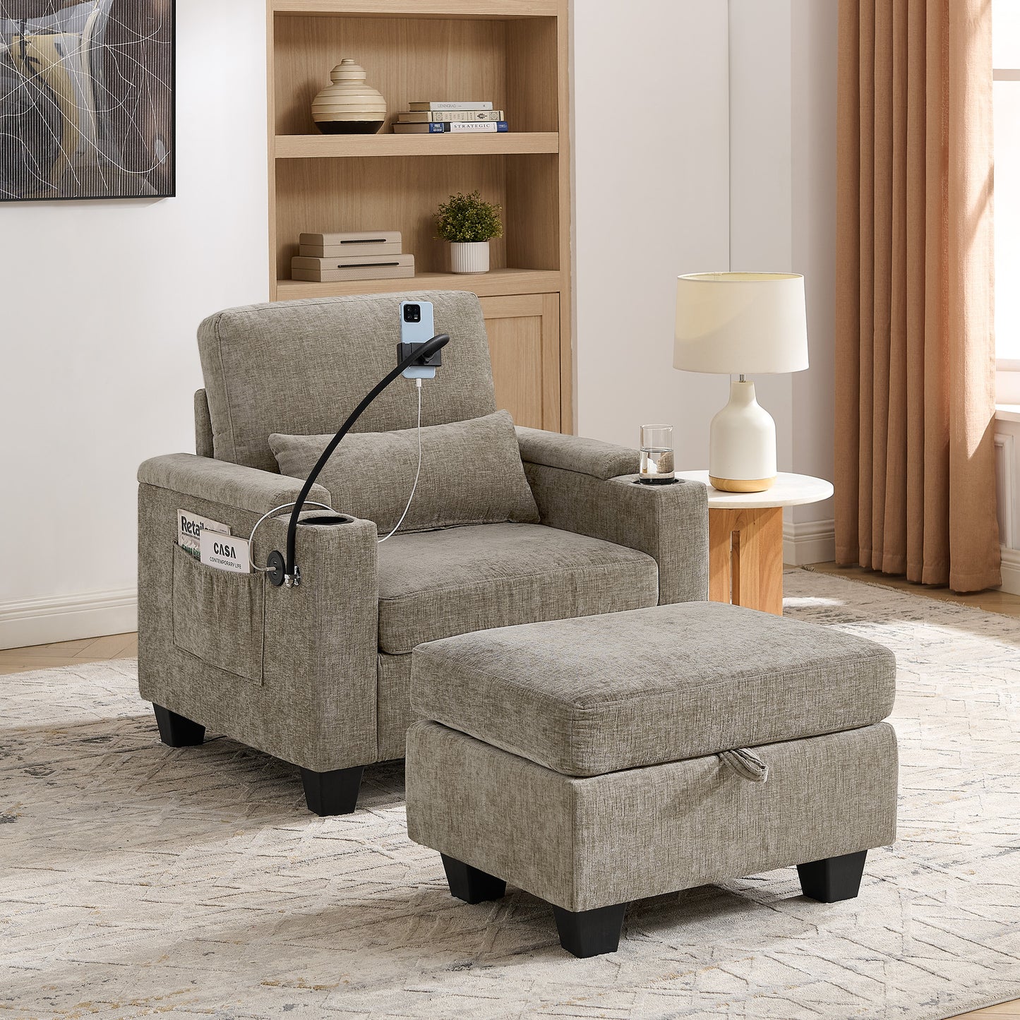 Single sofa recliner with manually adjustable backrest, USB charging port, phone stand, hidden