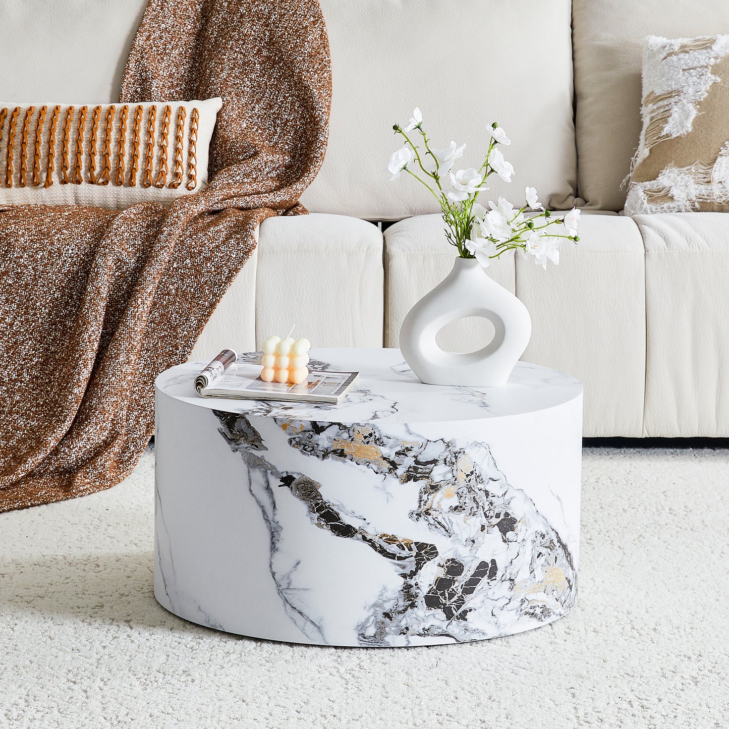 Round MDF Coffee Table – 23.6" Modern Minimalist Accent Table, Low Profile Living Room Table