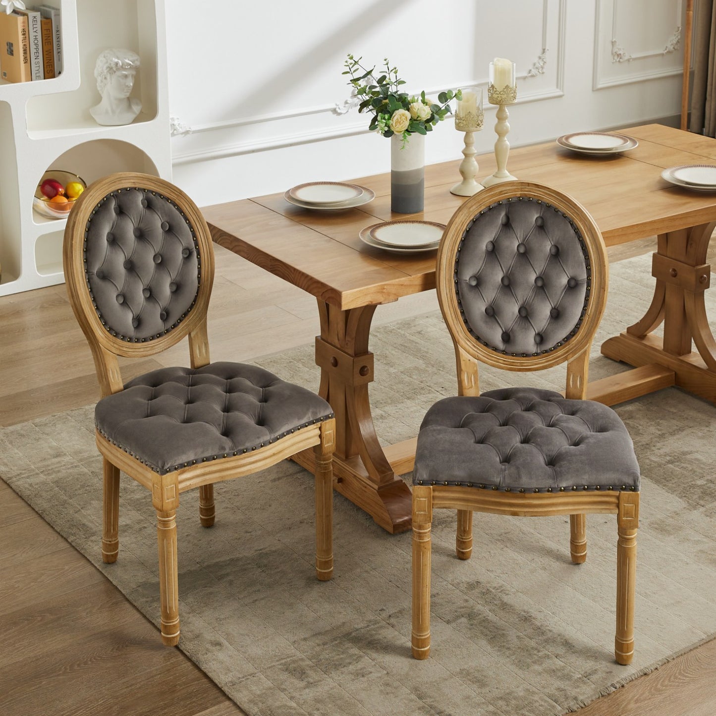 French Style Solid Wood Frame Antique Painting Dining Chair with Nailhead Trim, Hand-pulled Buckle