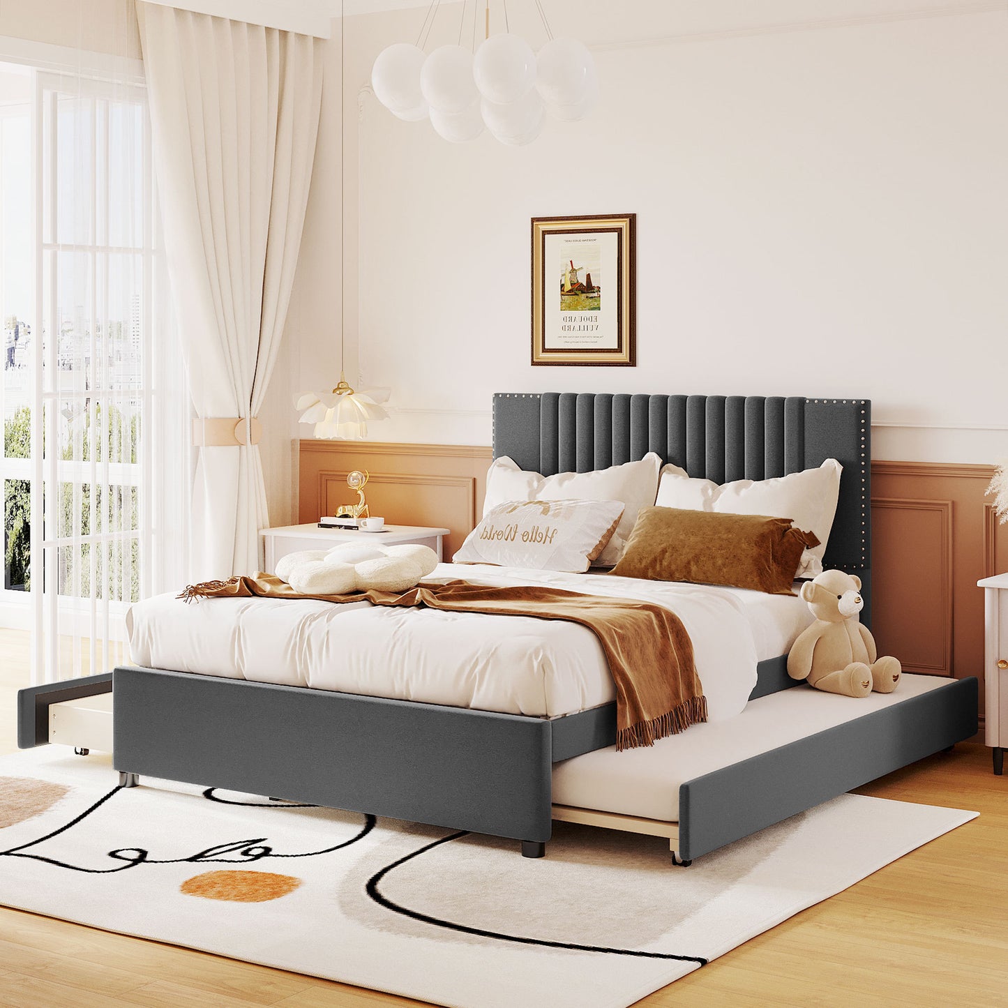 Upholstered Platform Bed with 2 Drawers and 1 Twin Size Trundle,Classic Headboard