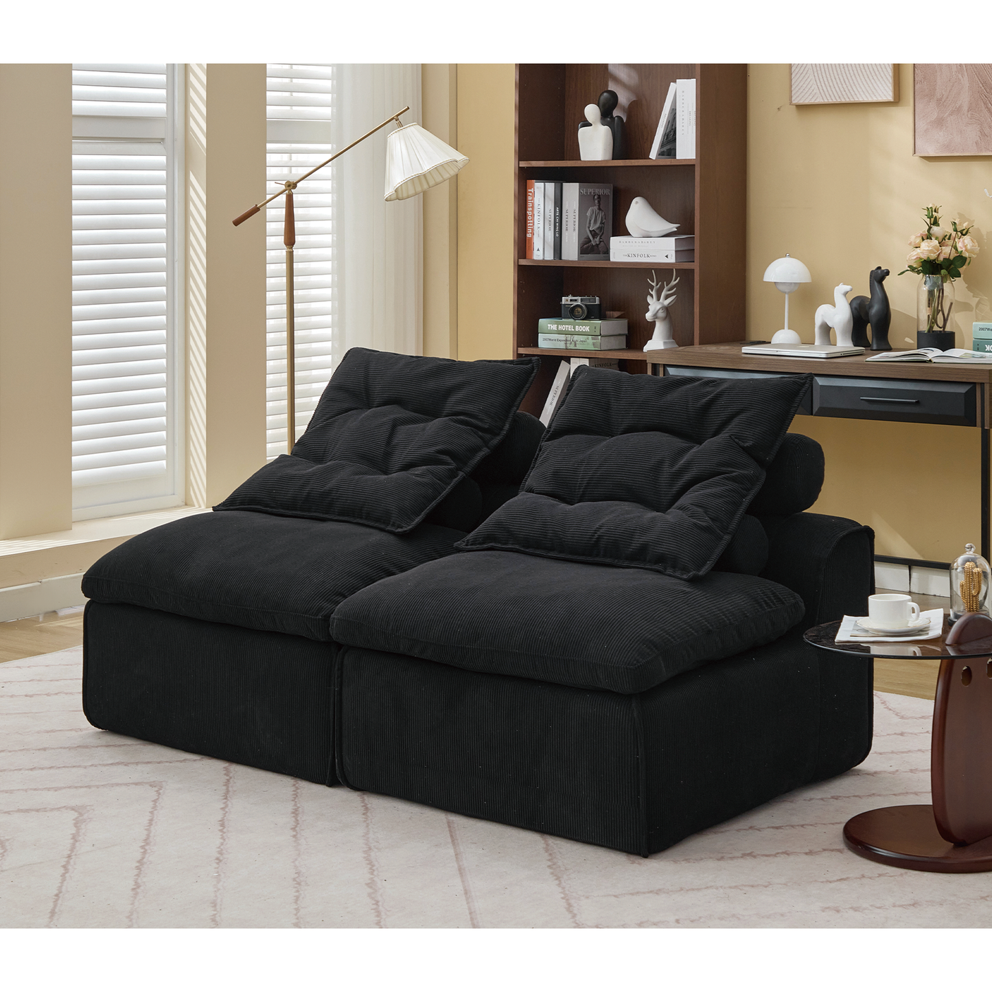 Modular Sofa,No Armrests,At will DIY,Soft Corduroy Fabric,Neck Pillow-Back Lounge Sofa Chair,Reading Nook, or Apartment Living, Lumbar Pillow,2 Seats,Upholstered,Black